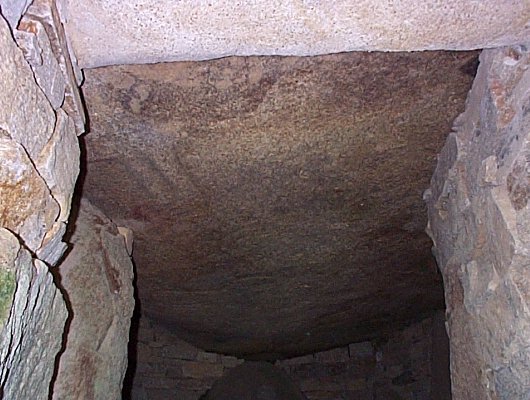 Peinture primitive (un bovidé) au plafond du couloir de la tombe de la Table des Marchands 