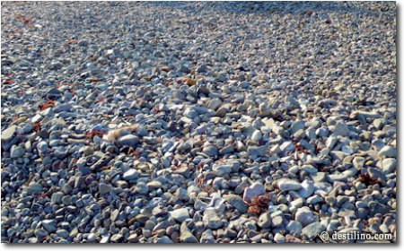À l'extrémité Est de la plage, le sable est couvert de galets