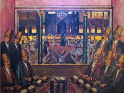 Une peinture de Derviches tourneur en arrière-plan